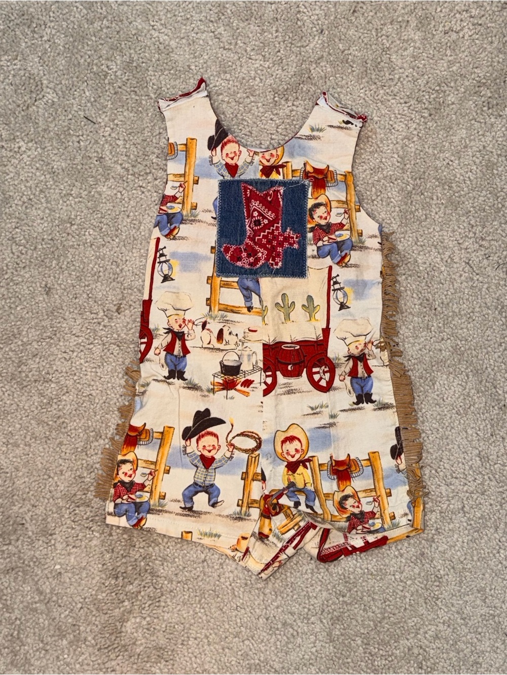 Haute Baby Toddler Cowboy Print Fringe Romper in Cream and Red 24m